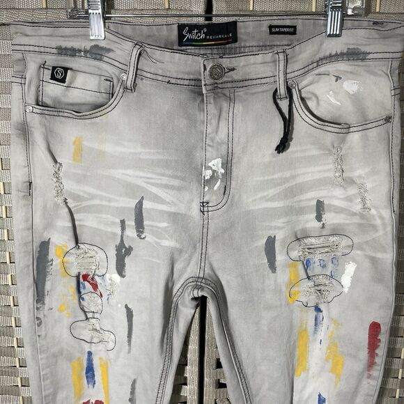 Switch Remarkable Painted SLIM TAPER FIT Jeans Men 36x34 Gray Distress Denim NEW - Picture 3 of 12